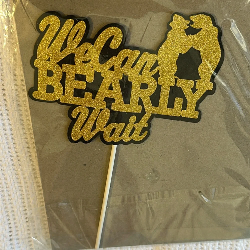 Cake Topper Pregnancy Announcement Baby Bear Couple Adventure Shower Gold‎